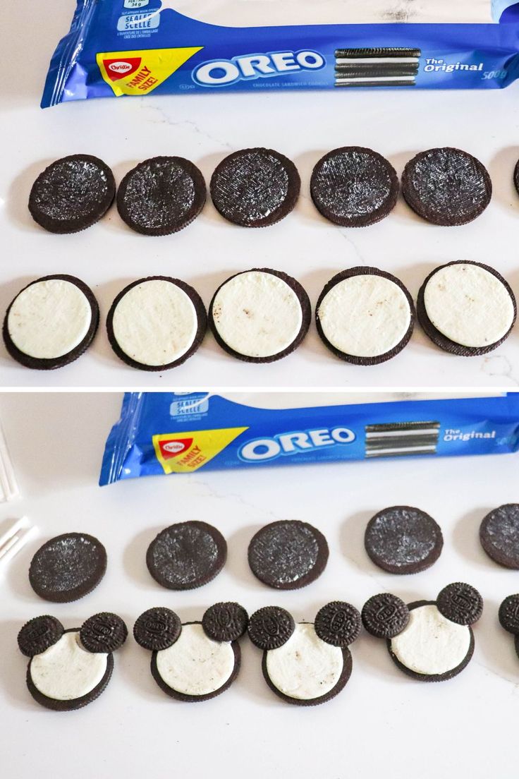 the oreo cookies are ready to be made into mickey mouse ear shaped candy bars