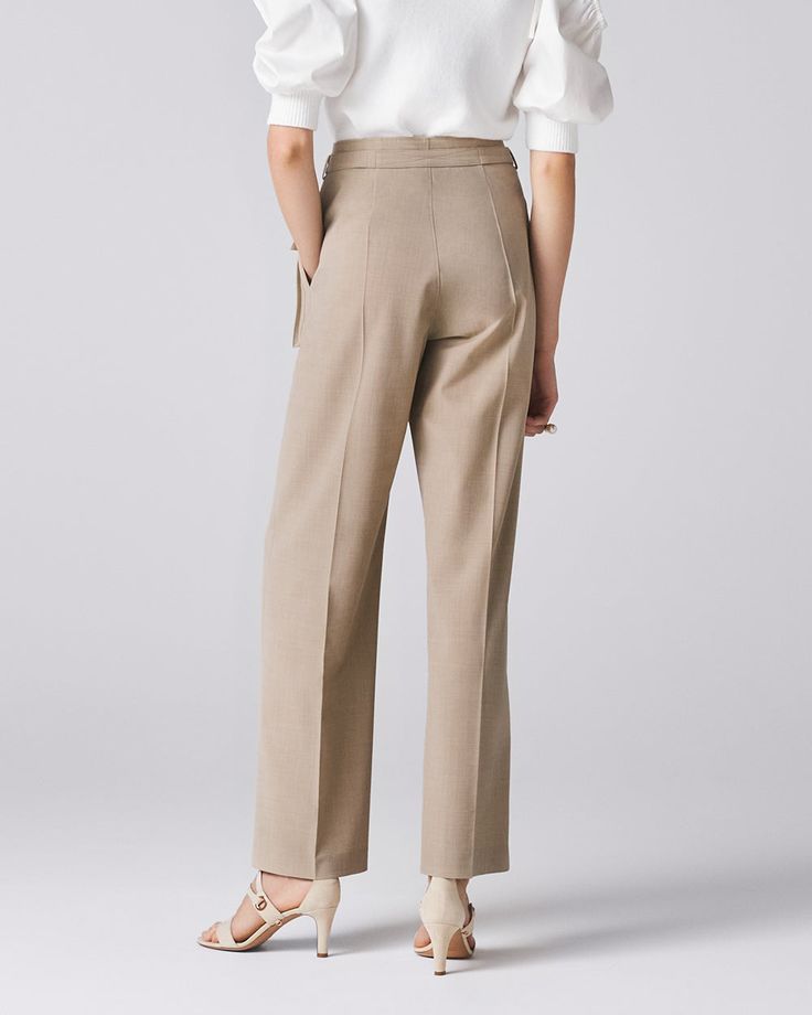 The Water Stone Pant features a large front patch pocket. The style is in straight and clean silhouette, a belt is added from the back, creating knots at front to add some accent to the look. Resilient in stretch suiting fabric, yet it falls naturally towards your legs making flowy movements when worn. Comes with side pockets as well, offering bit of functionality. Elegant High-waisted Pants With Patch Pockets, Beige Workwear Bottoms With Patch Pockets, Beige Work Pants With Side Pockets, Beige Workwear Pants With Side Pockets, Beige Office Bottoms With Pockets, Elegant Wide Leg Pants With Patch Pockets, Tailored Beige Dress Pants With Pockets, Elegant Trousers With Patch Pockets, Elegant Fall Bottoms With Patch Pockets