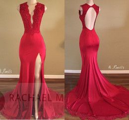 Red Satin Prom Dress, Red Lace Prom Dress, Red Prom Dresses, Split Prom Dresses, Open Backs, Prom Dresses Long Pink, Cheap Party Dresses, Prom Dresses 2017, V Neck Prom Dresses