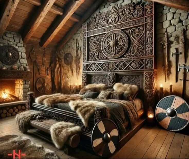 a large bed sitting inside of a bedroom next to a fire place in a stone wall