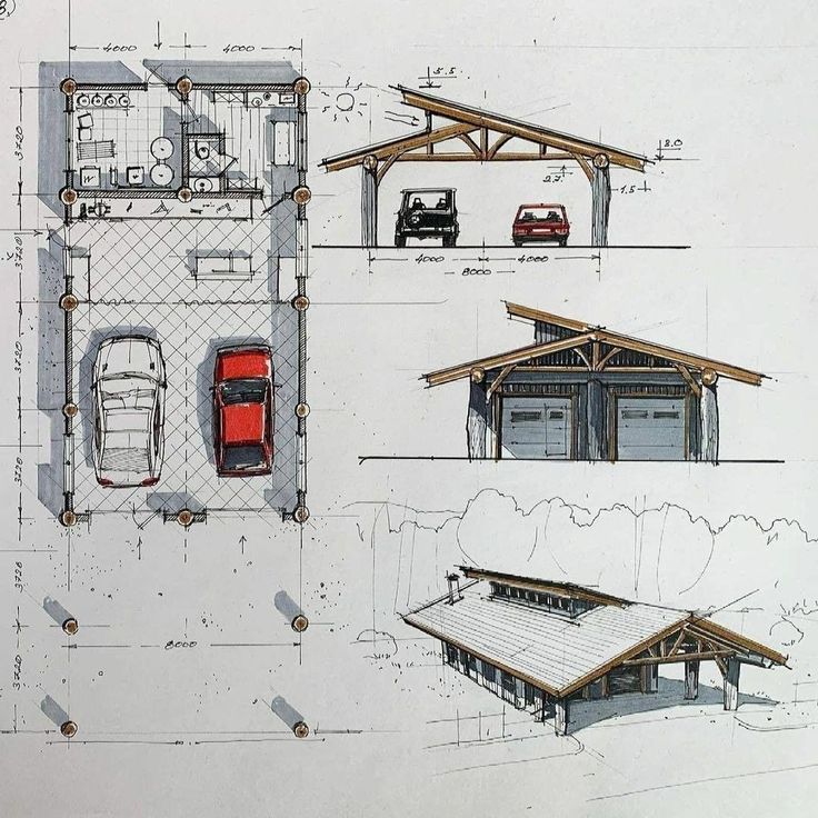 three drawings of different types of garages and their design features are shown in this drawing