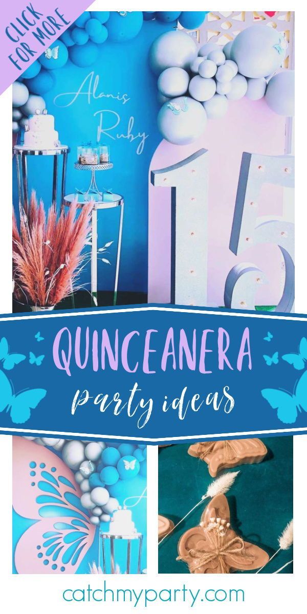 the quince anera party ideas banner is shown with blue and pink decorations on it