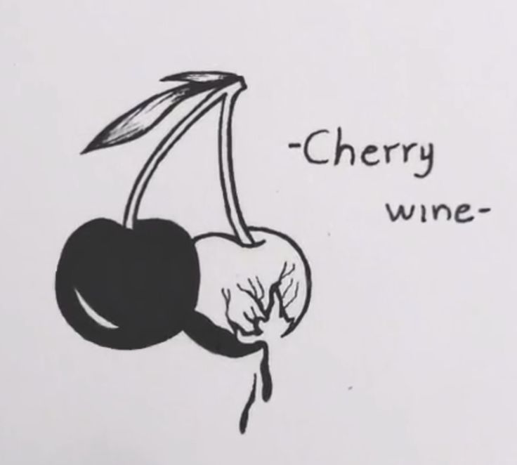 a black and white drawing of a cherry with the words cherry wine written on it