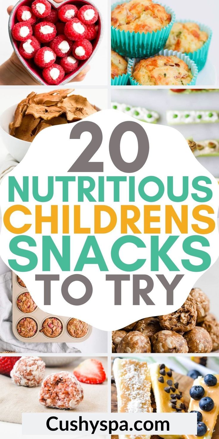 the words 20 nutritious children's snacks to try on top of pictures