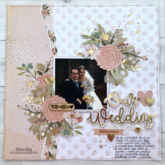 a wedding scrapbook page with gold foil flowers and roses on it, featuring the bride and groom