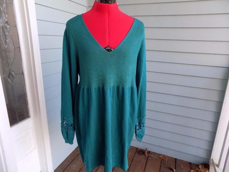 Teal Empire Waist Sweater Dress Alfani Sz L Long Sleeves w/ Crochet Lace Insert  | eBay Empire Waist Dress, Lace Insert, Sweater Coats, Shawl Collar, All About Fashion, Empire Waist, Crochet Lace, Sweater Dress, Tunic Tops