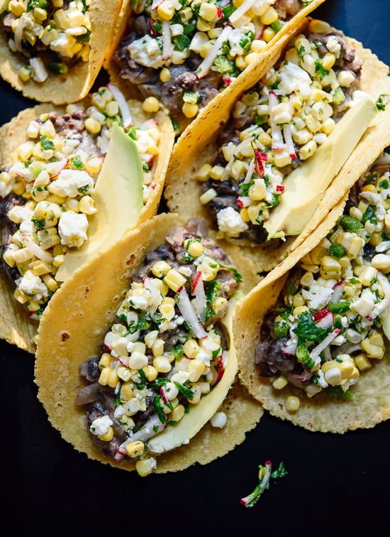 corn and black bean tacos with avocado, cilantro, and feta cheese