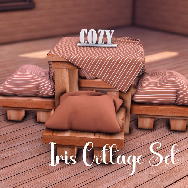 a wooden bench with pillows on it and a sign that says cozy in front of it