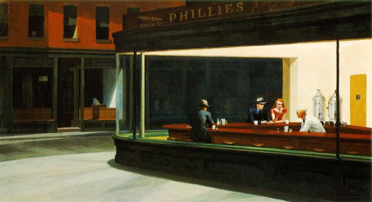 a painting of people sitting at a bar in front of a building with tall buildings