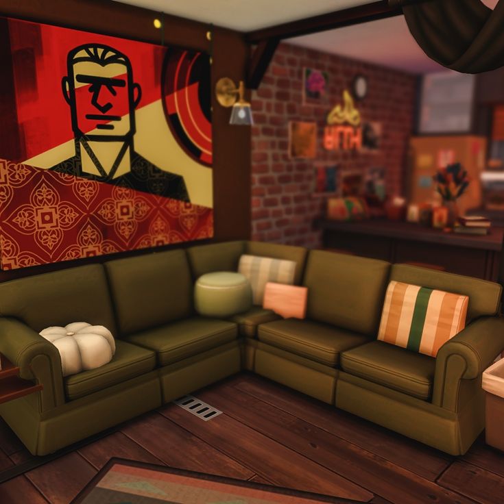 a living room filled with furniture next to a brick wall and painting on the wall