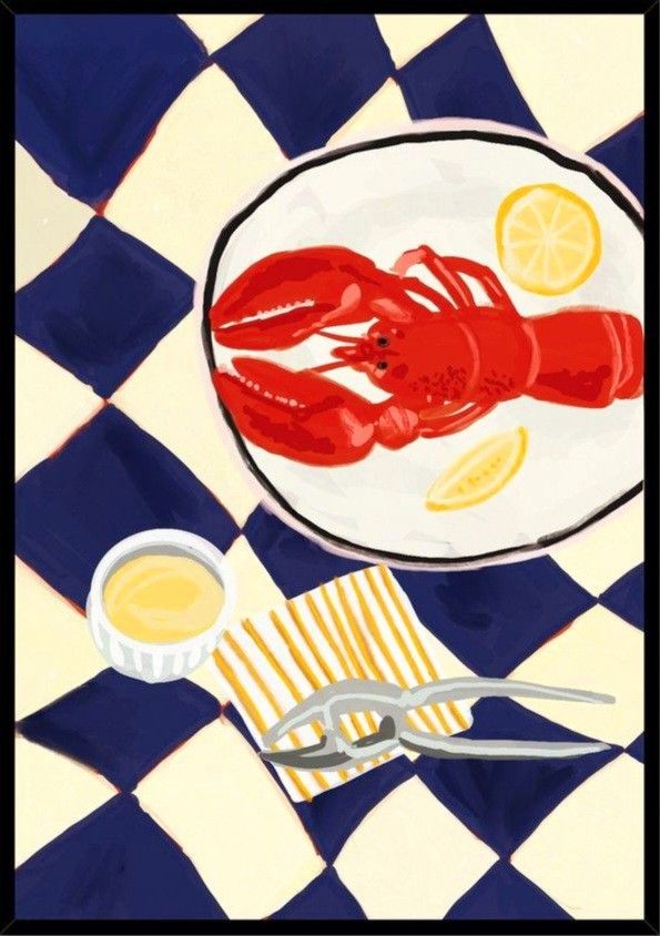 a painting of lobsters and lemon slices on a checkered tablecloth with scissors