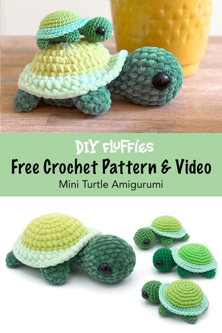 crocheted turtle pattern and video with text overlay