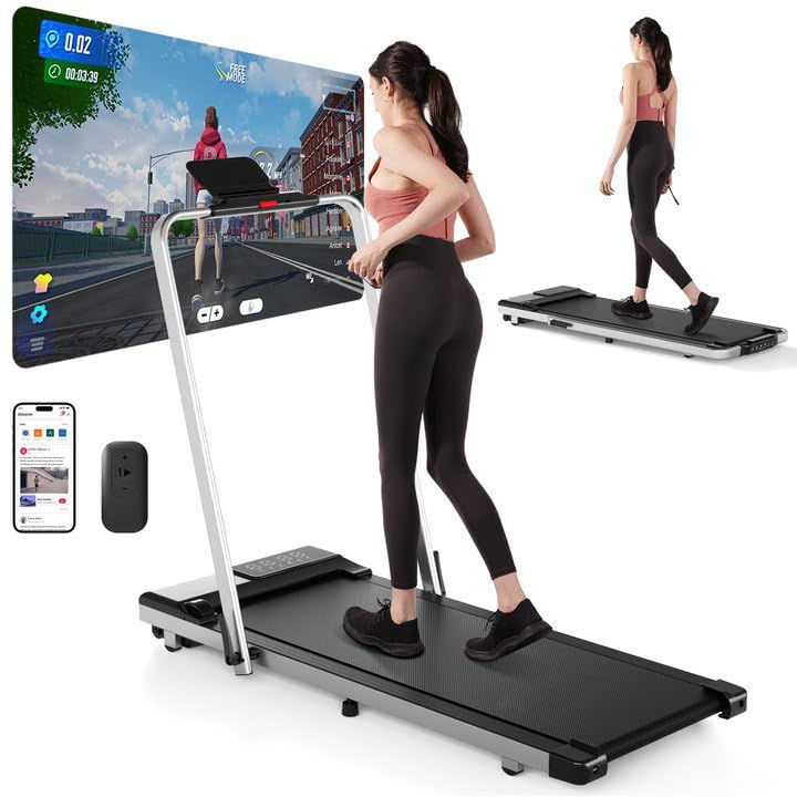 a woman standing on top of a treadmill with an interactive screen in the background