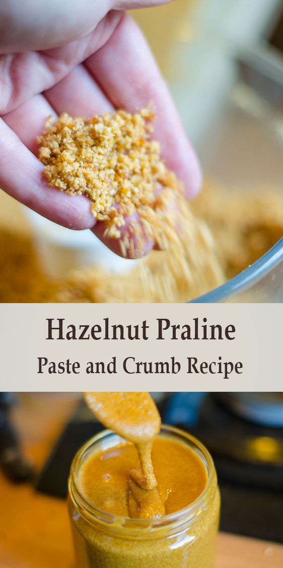 a hand holding a spoon full of mustard over a jar with the words hazelnut pralie paste and crumb recipe