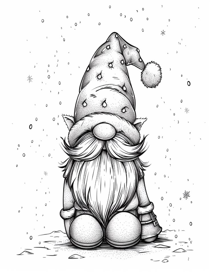 a black and white drawing of a santa clause sitting on the ground with snowflakes