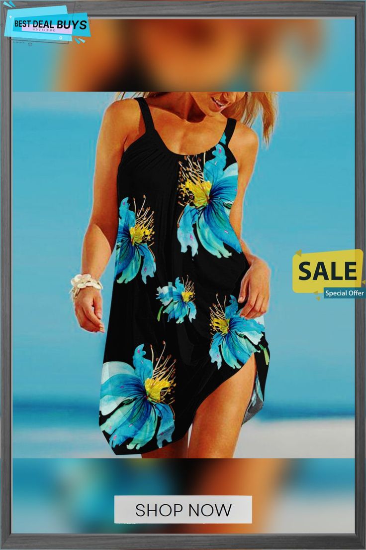 Women's Summer Beach Suspender Dress Casual Floral Print Sundress For Beach Cover-up, Mini Sleeveless Dress For Beach Season, Casual Sleeveless Dress For Summer Beach Outings, Casual Blue Mini Dress For Vacation, Casual Floral Sundress For Beach Cover-up, Casual Floral Print Sundress As Beach Cover-up, Printed Mini Sleeveless Dress For Beach, Floral Print Sleeveless Mini Dress For Beach Season, Casual Sleeveless Dress For Beach Party In Spring