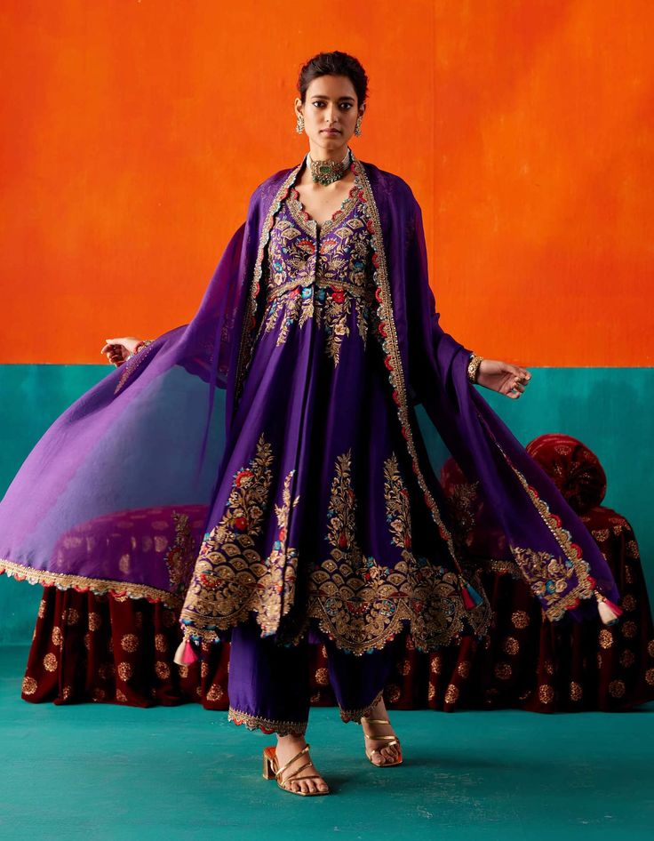 Aman Takyar | Purple Floral Embroidered Anarkali Set | INDIASPOPUP.COM Purple Indian Outfit, Purple Anarkali, Velvet Suit Design, Maharani Designer Boutique, Indian Fashion Trends, Traditional Attires, Embroidered Anarkali, Salwar Suits Online, Casual Indian Fashion