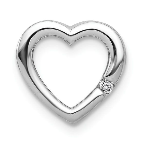 Rhodium over 14k white gold diamond heart chain slide. Measures approximately 3/8"L x 3/8"W. Silver Diamond Heart Necklace In Fine Jewelry Style, Fine Jewelry Silver Diamond Heart Necklace, White Gold Open Heart Necklace With Vvs Clarity, Sterling Silver Open Heart Jewelry With Vvs Clarity, White Gold Double Heart Jewelry With Polished Finish, Silver Diamond Heart Necklace With Round Cut, Silver Round Cut Heart Necklace Fine Jewelry, Fine Jewelry With Vvs Clarity And Open Heart Design, Fine Jewelry With Vvs Clarity And Open Heart Shape