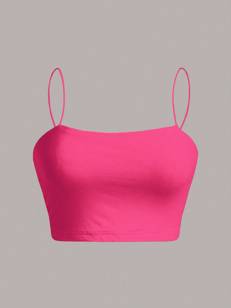 Hot Pink Casual Collar  Knitted Fabric Plain Cami Embellished Slight Stretch  Women Clothing Top Fucsia, Pink Camisole, Vintage Phone Case, Hot Pink Tank, Bralet Tops, Cropped Camisole, Summer Hot, Women Tank Tops, Plain Color