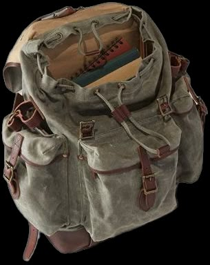 an old canvas bag with leather handles and straps on the bottom is sitting in front of a white background