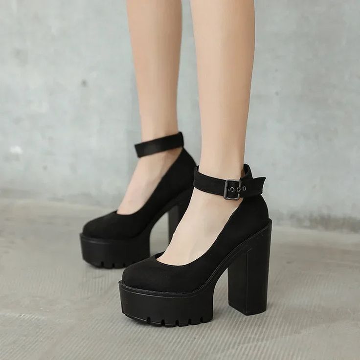 LBSFY - 5cm Waterproof Platform New Fashion Round Toe Pumps Square High Heels Ankle Strap Black Sexy Women Shoes 38 39 40 Front platform:5cm Back heels:13cm Front platform:5cm Back heels:13cm Front platform:6cm Back heels:14cm Square High Heels, Gothic Women, Heels Dress, Round Toe Pumps, Roman Fashion, Chunky High Heels, Super High Heels, Buckle Shoes, Black Platform