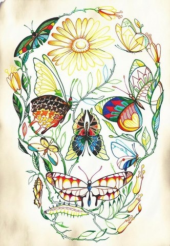 a drawing of a skull with flowers and butterflies on it