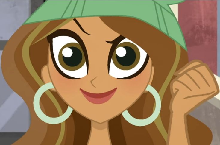 a cartoon girl with big eyes wearing large hoop earrings and a green beanie on her head