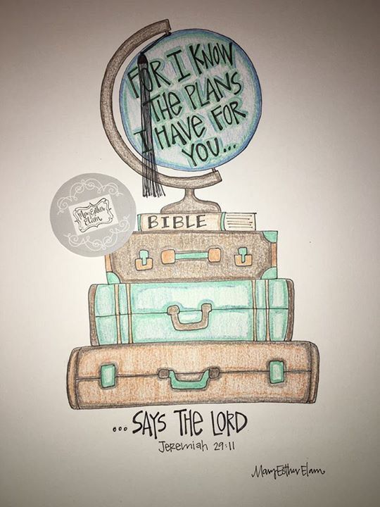 a drawing of suitcases stacked on top of each other with the words, eat i know that plans have for you