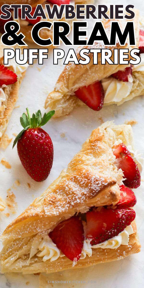 strawberries and cream puff pastries on a white surface with the title overlay