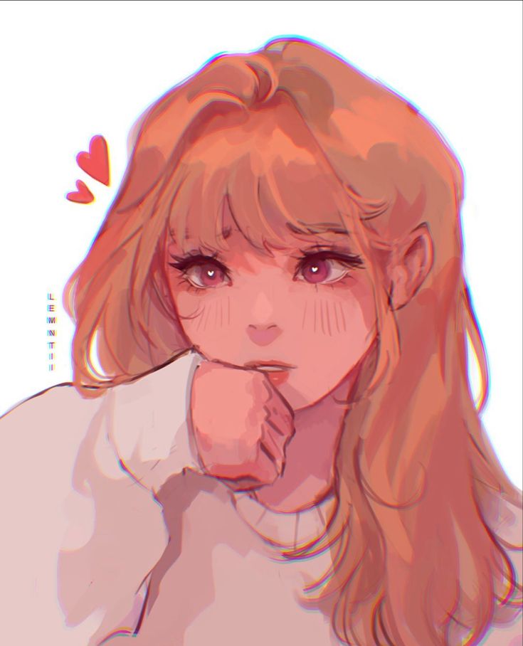 a drawing of a girl with long hair and red eyes looking at the camera while holding her hand on her chin