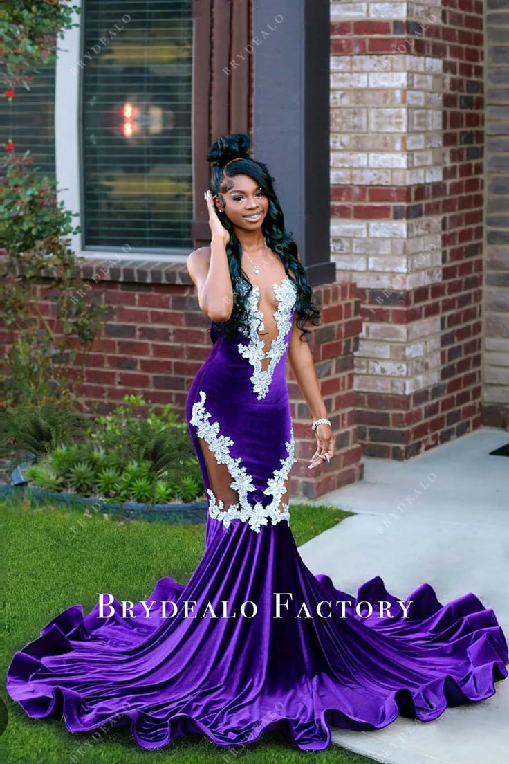 Regency Velvet Mermaid Horsehair Long Train Prom Dress Purple Prom Ideas, Purple Prom Dresses Black Women, Royal Purple Prom Dress, 2k24 Prom, Purple Prom Dresses Long, Outfit Inspo Party, Prom Dress Colors, Prom Dresses Purple, Prom Purple