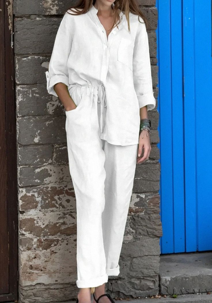 Lasaky - Luxurious High-Waisted Wide-Leg Pyjama Set Linen Two Piece Set, Loose Trousers, Linen Suit, Pyjama Set, Shirt And Pants, Outfit Casual, Belleza Natural, Two Piece Outfit, Neck Shirt