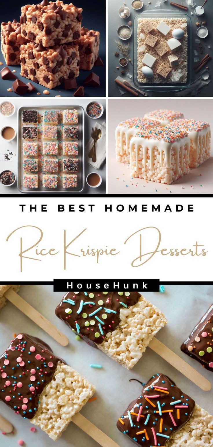 the best homemade rice krispy kreme desserts are in this collage