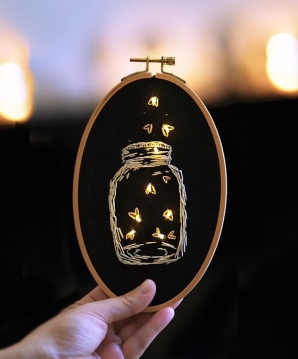 a hand is holding up a small glass jar with lights in it on a black background