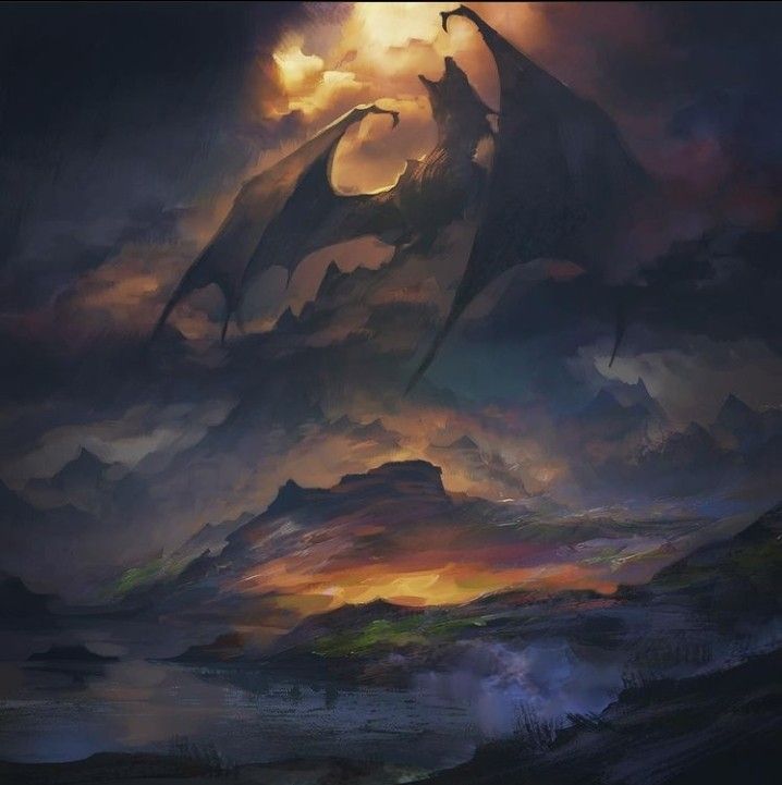 a dragon flying through the air over a mountain covered in clouds and water at night