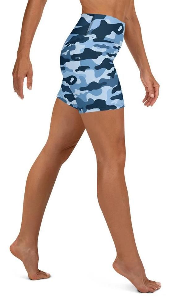 These shorts have a body-flattering fit that will make you feel super comfortable even during the most intense workouts. They come with a high waistband and are made from soft microfiber yarn. Blue Squat-proof Sports Shorts, Blue Sleeveless Activewear With Built-in Shorts, Blue Moisture-wicking Activewear Shorts, Blue 4-way Stretch Activewear Shorts, Military Camouflage Cotton Shorts, Buttery Soft Leggings, Blue Camo, Soft Leggings, Yoga Shorts