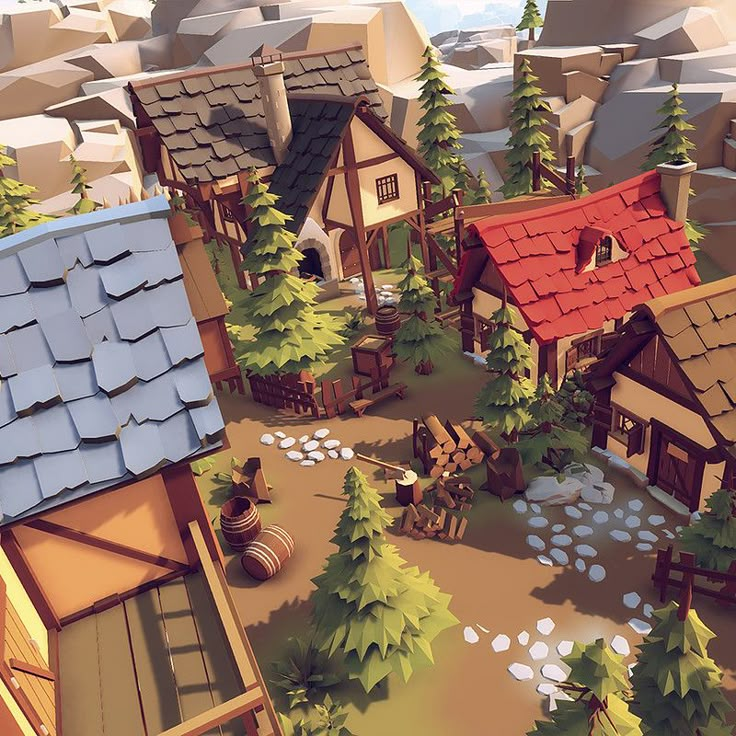 an animated village with lots of trees and houses