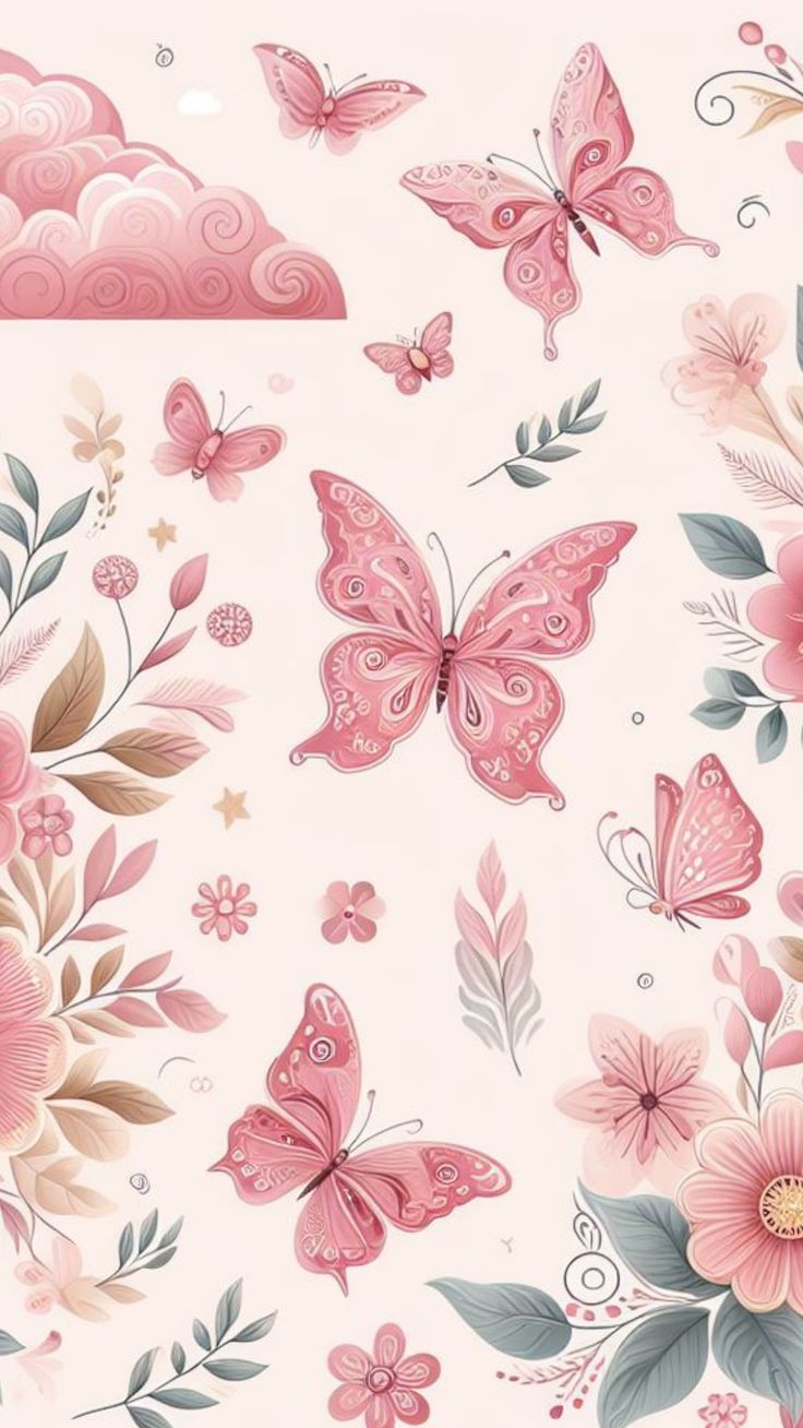 pink flowers and butterflies on a white background