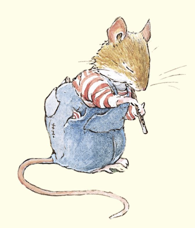 a drawing of a mouse sitting on top of a blue bag with a red and white striped shirt