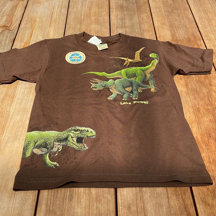 Size 10-12 Brand New Brown Dino Short Sleeve Graphic Tee Casual Graphic Print Shirt For Playwear, Summer Dinosaur Print Short Sleeve Tops, Short Sleeve Dinosaur Print Tops For Playwear, Casual Dinosaur Print Tops For Playwear, Casual Tops With Dinosaur Print For Playwear, Casual Tops With Cartoon Print For Playwear, Cute Dinosaur Print Tops For Playwear, Casual Green Dinosaur Print Tops, Cute Tops With Dinosaur Print For Playwear