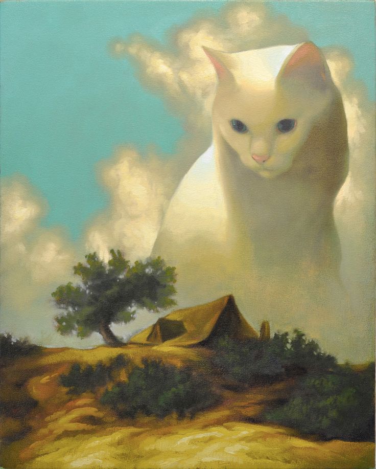 a painting of a white cat sitting on top of a hill next to a tree