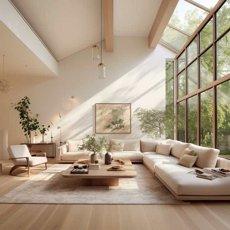 a living room filled with lots of furniture next to tall windows and wooden flooring