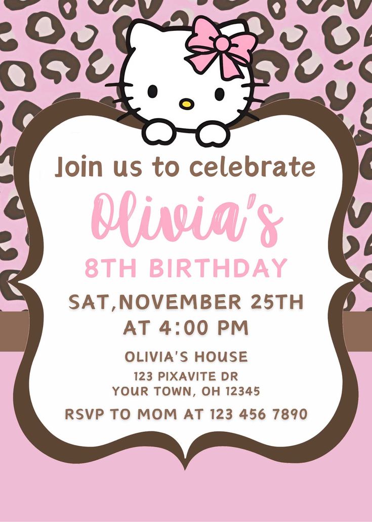 a hello kitty birthday party with pink and brown cheetah print on the front