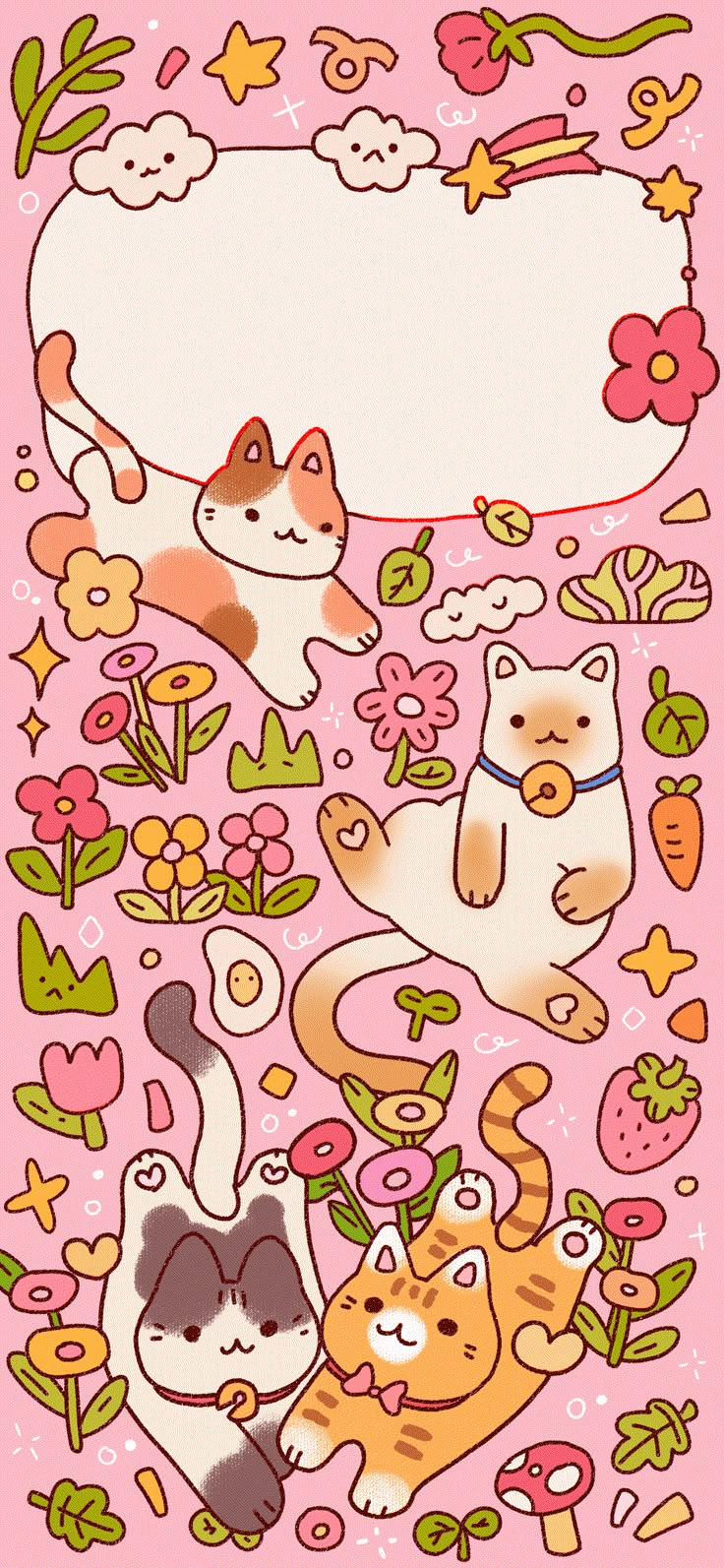 a pink background with various cartoon cats and flowers on the bottom right corner is an empty sign that says hello kitty