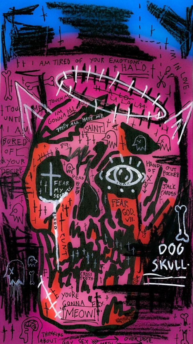 a painting with black and pink colors on the face, words written in different languages