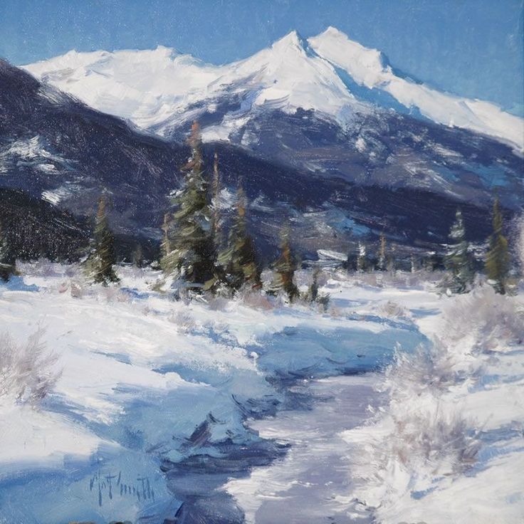 a painting of snow covered mountains and trees in the foreground with a stream running through it