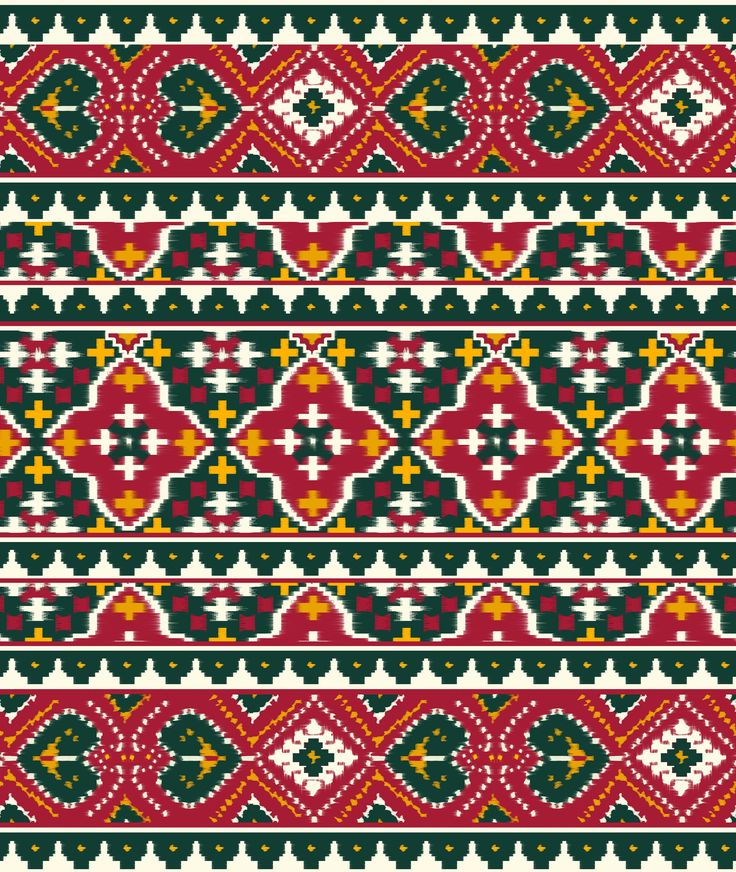 a red, green and yellow pattern with geometric designs on the bottom half of it