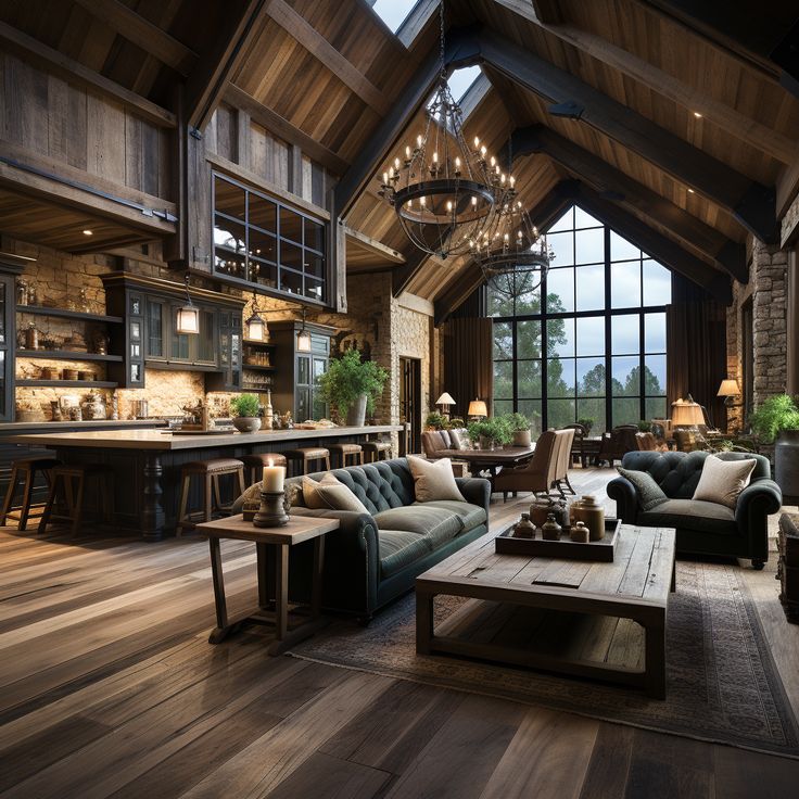 a living room filled with furniture and a large window covered in wooden planked walls