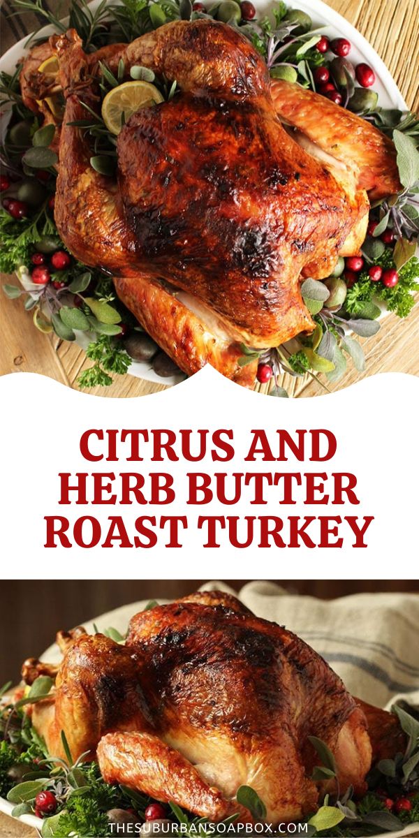 a roasted turkey on a platter with herbs and herbs in the middle, next to a