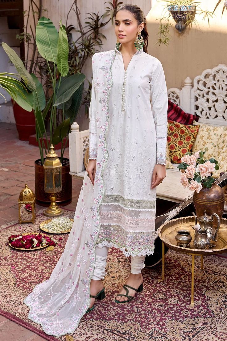 White Long Kameez Pajama With Dupatta Pakistani Eid Dress Pakistani Designer Suits, Eid Dresses, Lawn Suits, Pakistani Designers, Suit Fabric, Pakistani Outfits, Best Wear, Cut Shirts, Designer Suits